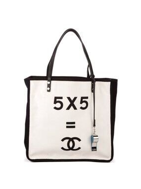 Chanel Tote 5 X5=cc White Black Fabric Canvas